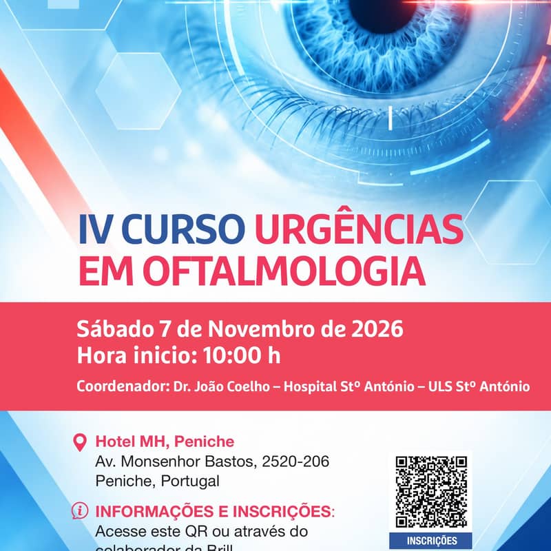 Cartaz do IV Curso de Urgências em Oftalmologia, sábado 7 de novembro de 2026, às 10:00, no Hotel MH Peniche